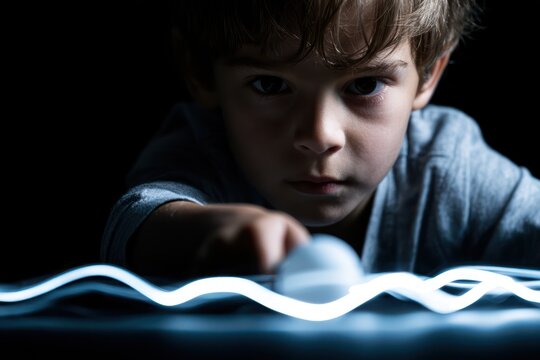 Child playing ping pong with glowing motion trail