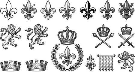 Vintage Heraldic Element Set Featuring Fleur De Lis Symbols Royal Crowns Regal Rampant Lions and Medieval Swords for Graphic Design Branding and Engraving Layouts © prosanjit