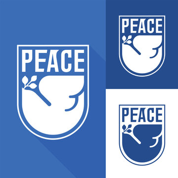 PEACE Symbol sign with peace text and white bird hold leaf in frame rounded bottom on blue background vector design