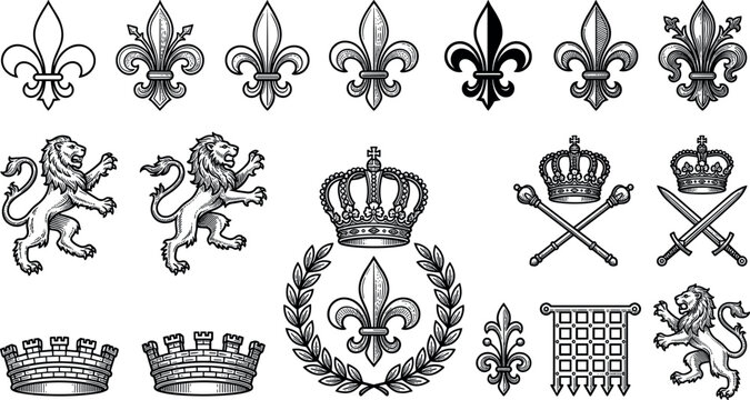 Vintage Heraldic Element Set Featuring Fleur De Lis Symbols Royal Crowns Regal Rampant Lions and Medieval Swords for Graphic Design Branding and Engraving Layouts