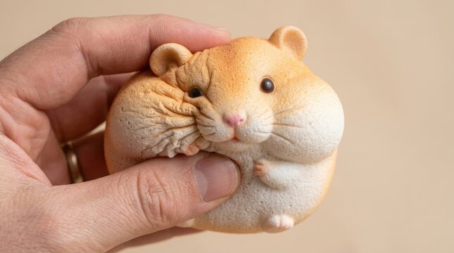 Man hand squeezing soft foam hamster toy. Stress relief squishy gadget for relaxation and play. Sensory fidget cube for anxiety reduction and tactile stimulation in modern life.