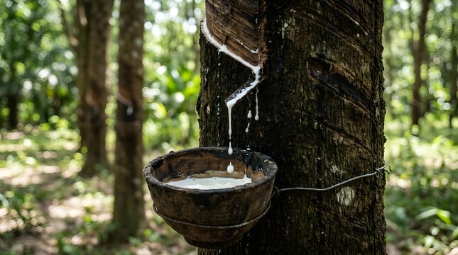 Rubber tree tapping with liquid latex dripping into a collection bowl
