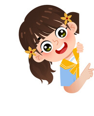 Cheerful Little Schoolgirl Pointing at Empty Space for Educational Presentation or Message Display