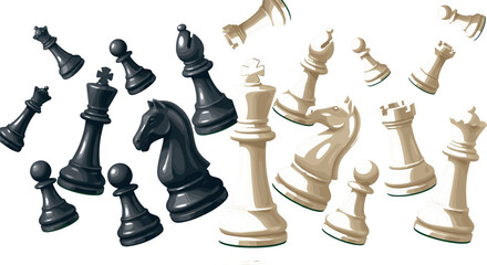 Strategic Chess Pieces Vector Set Featuring Black and White King Queen Knight Rook Bishop and Pawns for Business Strategy Planning Competition and Game Graphic Designs © prosanjit
