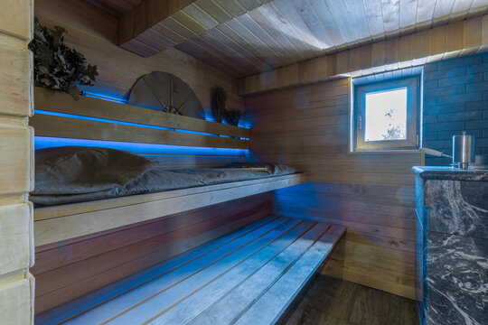 Sauna Interior View with Benches and Stone Heater