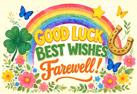 Colorful good luck and farewell greeting card with rainbow flowers and lucky symbols