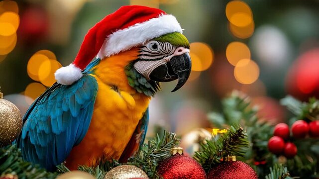 Festive blue-and-gold macaw wearing a santa claus hat sitting among christmas ornaments and pine branches with sparkling bokeh lights in the background for the holidays