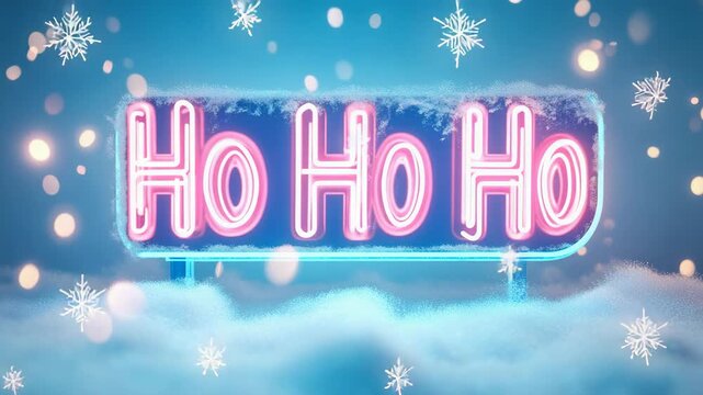 Neon ho ho ho sign glowing on a snowy winter night with falling snowflakes and bokeh lights for a festive christmas holiday greeting or new year's eve celebration