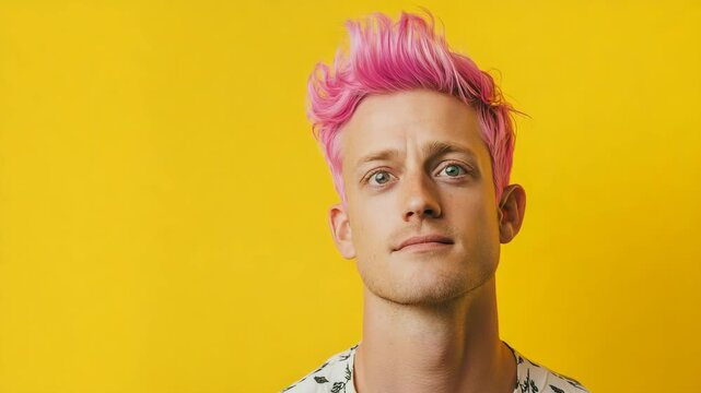 Expressive young man with stylish pink hair and blue eyes making various funny faces, including surprise and curiosity, against a vibrant yellow studio background