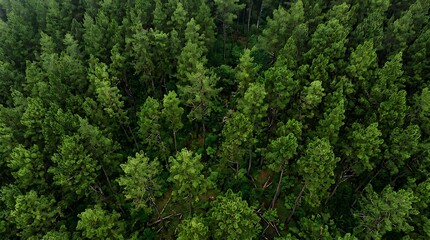 Fototapeta premium Aerial view of a dense green pine forest canopy