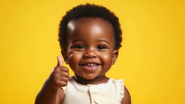 Happy african american baby girl smiling and showing thumbs up gesture of approval against a vibrant yellow background, expressing positivity and happiness in a studio