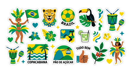 Naklejka premium Set of Brazilian Carnival Culture Elements and Travel Icons Illustration