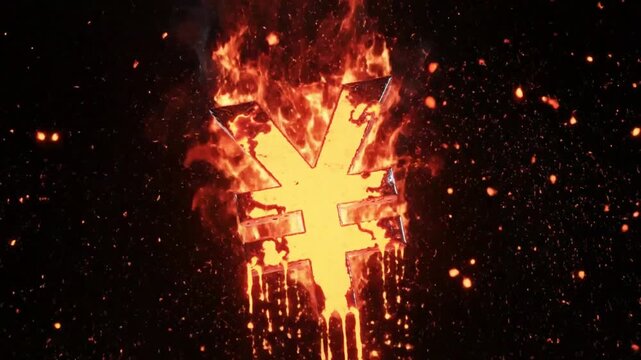 Burning Japanese Yen Symbol Visual: Fiery Currency Concept Against Black Backdrop, Financial Crisis Theme