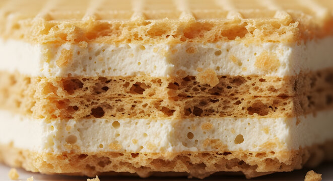 A close up of a bitten vanilla wafer cream biscuit showing its porous wafer layers and smooth white filling
