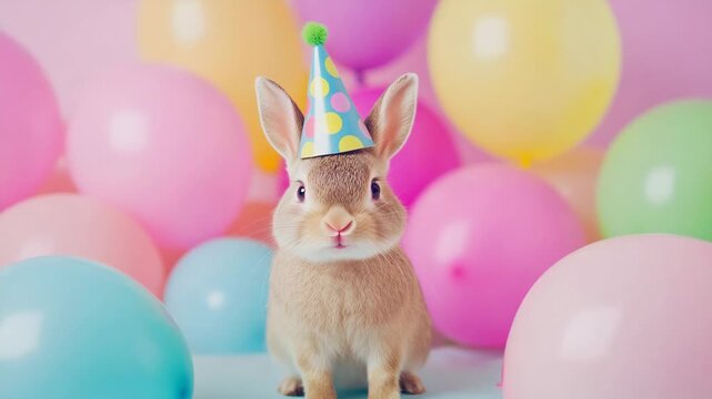 Adorable baby rabbit wearing a colorful party hat celebrating a birthday among pastel balloons, looking at the camera with a cute expression in a festive atmosphere