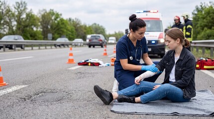 Fototapeta premium Female paramedic provides first aid to injured woman on roadside, emergency vehicles and traffic cones visible in the background