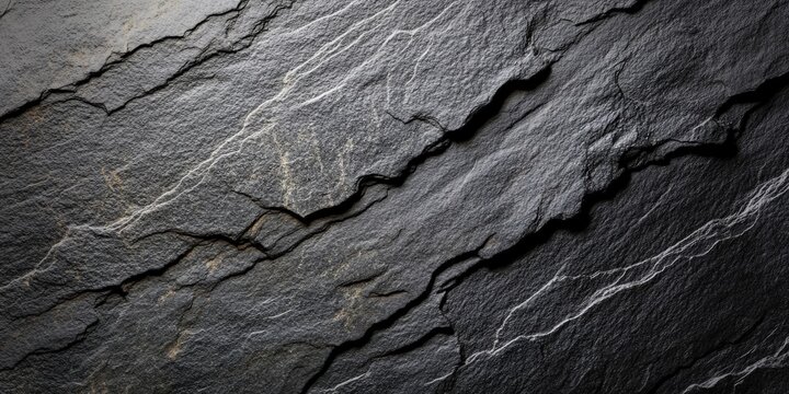 Close-up of a textured dark rock surface with visible layers and fine white veins running through it.