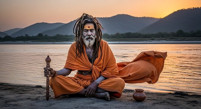 Indian sadhu sitting in meditation by the ganges river at sunset