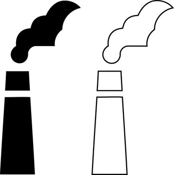 Vector icon set featuring a factory chimney and industrial smokestack emitting smoke in silhouette and outline style, representing power plant air pollution and carbon emissions.