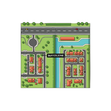 Urban Planning Map with Residential Neighborhood and Green Buffer Zone Vector Illustration