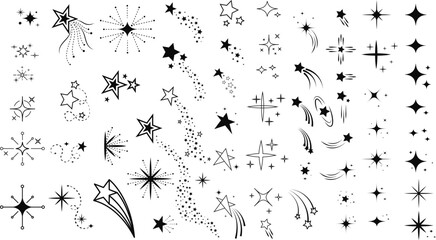 Assorted collection of black star and shooting stars with trails and sparkles isolated on a white background © Shaidul