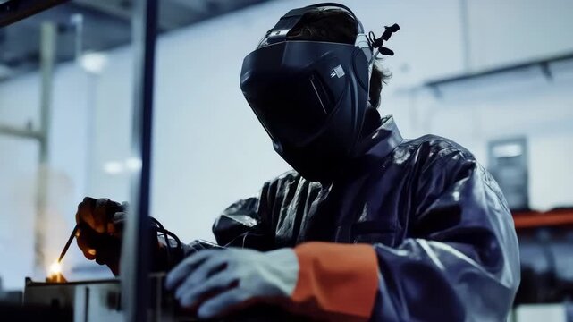 Professional welder wearing a protective mask working with an electrode tool in a metal fabrication workshop, creating bright sparks and smoke during the process