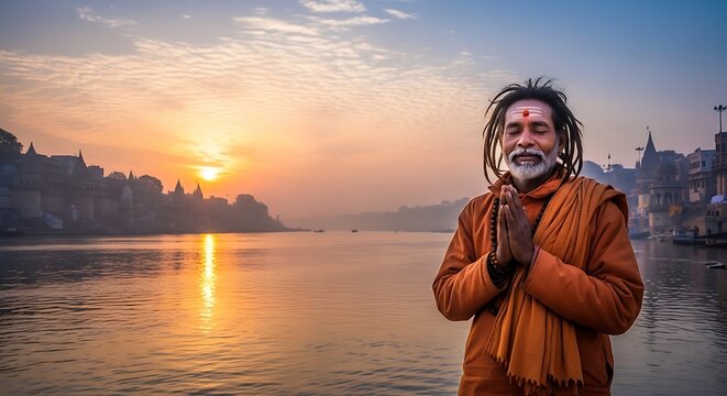 Sadhu man praying at sunrise by the Ganges river in Varanasi India
