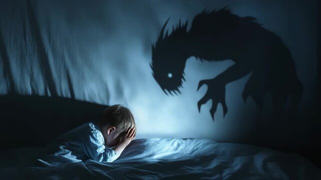 Terrified child experiencing a nightmare with a scary monster shadow on the bedroom wall, symbolizing childhood fear, anxiety, and phobia of the dark and the boogeyman