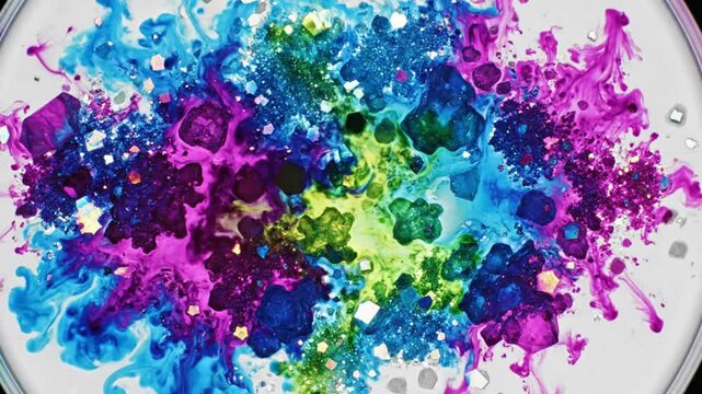 Abstract macro shot of colorful swirling ink reacting with crystals creating vibrant visual effects on white surface