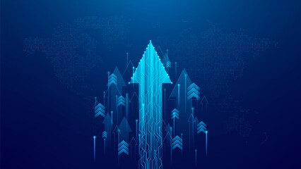 Business growth or technology innovation concept. Blue glowing futuristic rising arrows on background of world map symbolize financial or investment success, digital progress. Vector illustration.