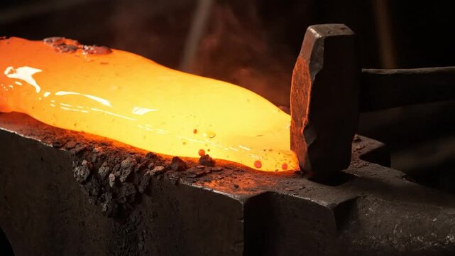 Blacksmith shaping glowing molten metal on an anvil with hammer creating sparks