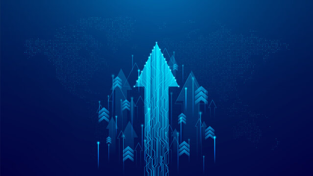 Business growth or technology innovation concept. Blue glowing futuristic rising arrows on background of world map symbolize financial or investment success, digital progress. Vector illustration.