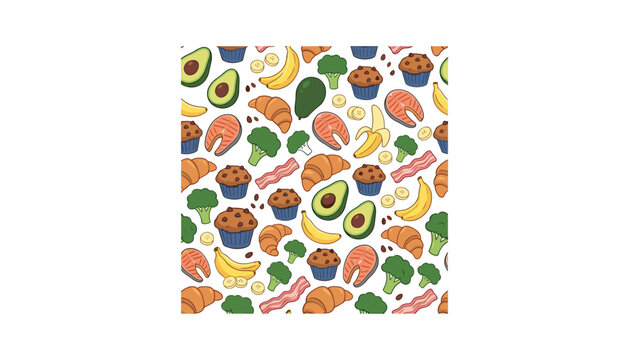 Healthy food seamless pattern with cartoon avocado salmon broccoli banana muffin croissant and bacon breakfast background vector illustration