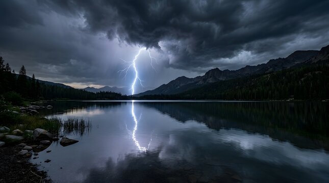 Lightning bolt striking over a dark mountain lake at night