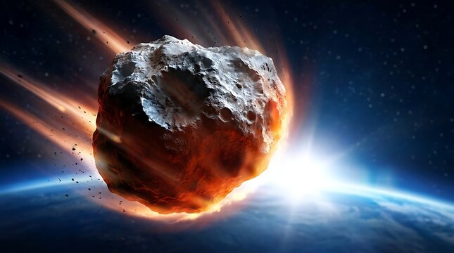 Massive fiery asteroid streaking through space with glowing trail and debris, approaching Earth, dramatic cosmic disaster scene