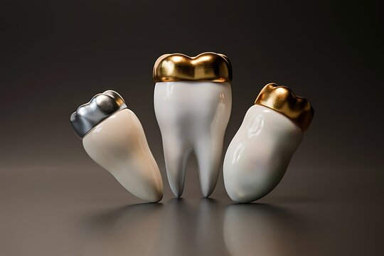 Three stylized dental crowns on teeth with gold and silver metallic caps