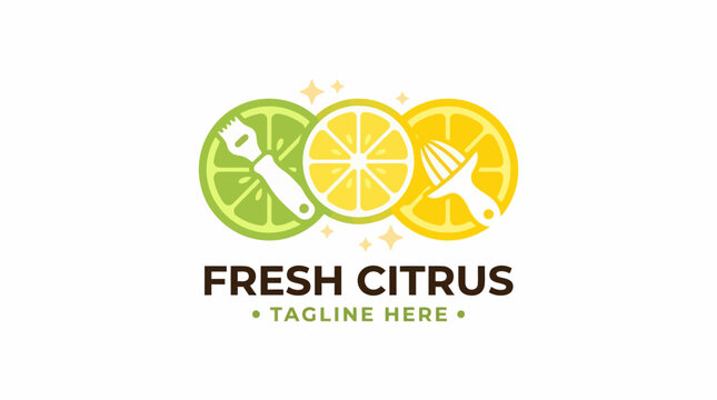 Fresh Citrus Fruit Logo Design with Kitchen Utensils.
