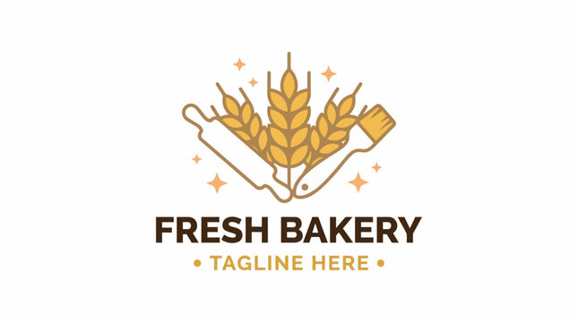 Fresh bakery logo design with wheat ears rolling pin and pastry brush.