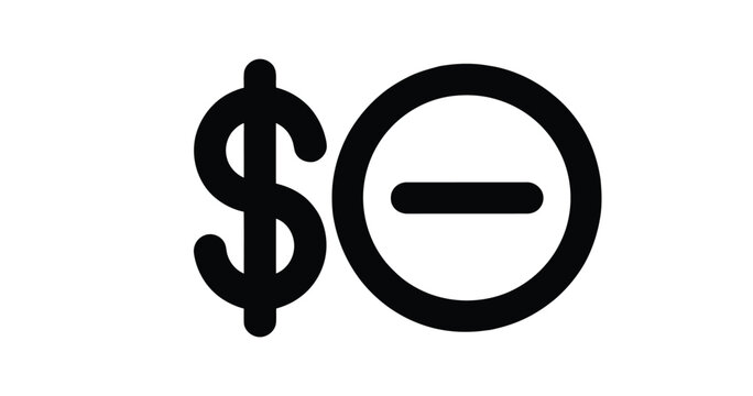 Minimalist dollar sign icon next to a circle containing a horizontal dash representing financial subtraction or reduction concept on isolated white background for web design and mobile application 