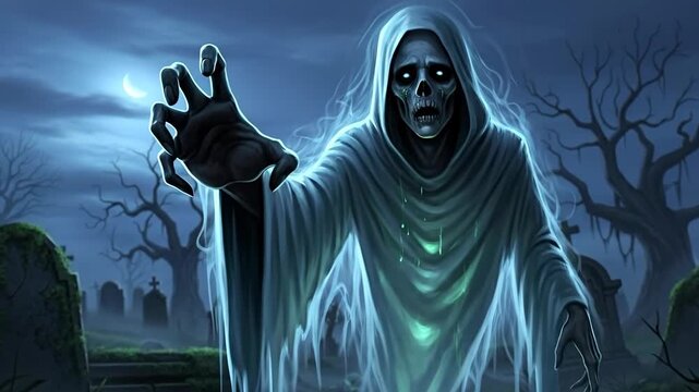 Eerie ghost with glowing eyes reaches out in a moonlit, misty graveyard.