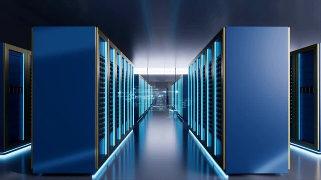 Futuristic Data Center Server Room with Blue Neon Lighting for Cloud Computing and Network Infrastructure