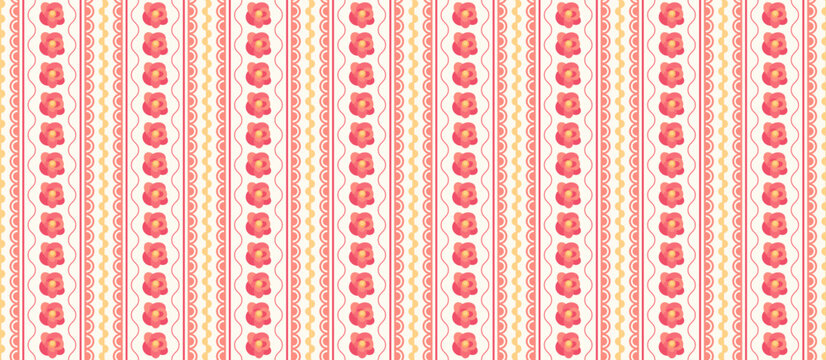 Grandmillennial floral seamless pattern. Vintage rustic background with flowers, stripes and lace in cottagecore style. Cute abstract seamless pattern, vector illustration