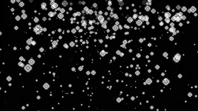 Snow falling down slowly 4k animation on black screen, christmas holiday snowfall effect with soft motion winter particles, realistic snow loop, atmospheric visual background, 