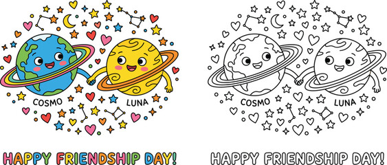Cute Kawaii Earth and Saturn Holding Hands Happy Friendship Day Vector Illustration Set Color and Line Art © Mehrab