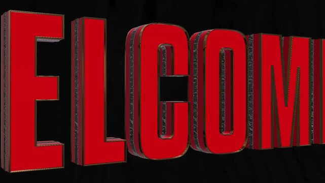 Dynamic 3d animation of welcome word, red color on black background, text moving toward camera and rotating to right side.