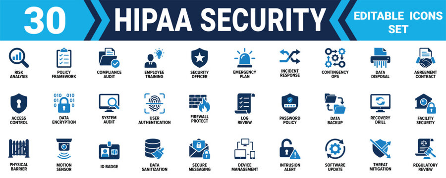 Set of thirty hipaa security and medical data privacy icons for healthcare digital technology systems Minimal solid fill icon set bundle collection. Editable Vector Illustration Mega pack