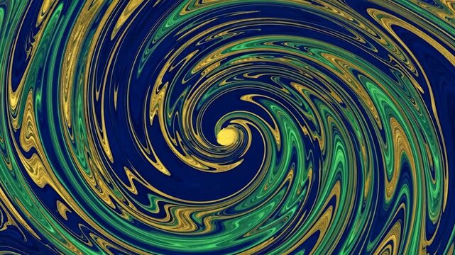 Vibrant abstract spiral pattern in deep blue, green, and gold hues.