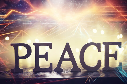 Double exposure Peace Word Written In Wooden Letters and abstract technology background. International conflict, American hegemony, War.