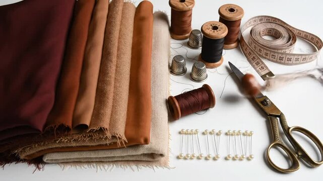 Sewing and tailoring composition with fabric swatches, threads, thimbles, measuring tape, and pins on white surface