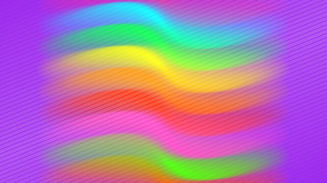 Electric purple neon background with central colorful rainbow gradient wave and scanline texture. Vibrant retro Y2K abstract wallpaper for digital design, banner, or presentation